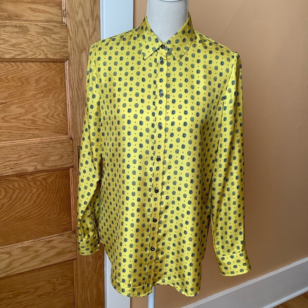 BANANA REPUBLIC 100% Silk Paisley Button Down Shirt Yellow Teal Green Blouse S - Picture 2 of 11